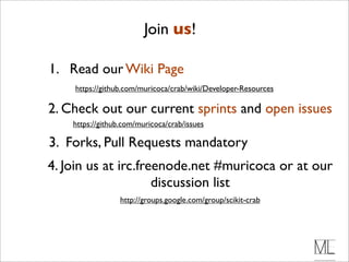 Join us!

1. Read our Wiki Page
    https://github.com/muricoca/crab/wiki/Developer-Resources

2. Check out our current sprints and open issues
    https://github.com/muricoca/crab/issues

3. Forks, Pull Requests mandatory
4. Join us at irc.freenode.net #muricoca or at our
                     discussion list
                  http://groups.google.com/group/scikit-crab
 