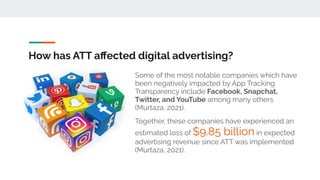 How has ATT aﬀected digital advertising?
Some of the most notable companies which have
been negatively impacted by App Tracking
Transparency include Facebook, Snapchat,
Twitter, and YouTube among many others
(Murtaza, 2021).
Together, these companies have experienced an
estimated loss of $9.85 billion in expected
advertising revenue since ATT was implemented
(Murtaza, 2021).
 