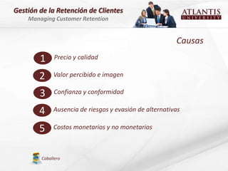 Gestión de la Retención de Clientes
    Managing Customer Retention


                                                        Causas
        1     Precio y calidad

        2    Valor percibido e imagen

        3    Confianza y conformidad

        4    Ausencia de riesgos y evasión de alternativas

        5    Costos monetarios y no monetarios



        Caballero
 