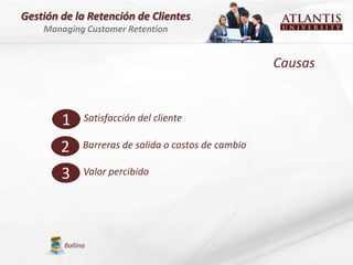 Gestión de la Retención de Clientes
    Managing Customer Retention


                                                      Causas


        1     Satisfacción del cliente

        2     Barreras de salida o costos de cambio

        3     Valor percibido




        Ballina
 