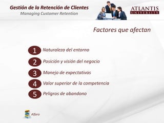 Gestión de la Retención de Clientes
    Managing Customer Retention


                                           Factores que afectan


          1       Naturaleza del entorno

          2       Posición y visión del negocio

          3       Manejo de expectativas

          4       Valor superior de la competencia

          5       Peligros de abandono



         Alfaro
 