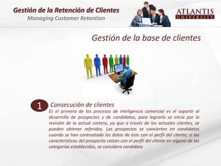 Gestión de la Retención de Clientes
    Managing Customer Retention


                                 Gestión de la base de clientes




       1    Consecución de clientes
           Es el primero de los procesos de inteligencia comercial es el soporte al
           desarrollo de prospectos y de candidatos, para lograrlo se inicia por la
           revisión de la actual cartera, ya que a través de los actuales clientes, se
           pueden obtener referidos. Los prospectos se convierten en candidatos
           cuando se han contrastado los datos de éste con el perfil del cliente; si las
           características del prospecto calzan con el perfil del cliente en alguna de las
           categorías establecidas, se considera candidato
 