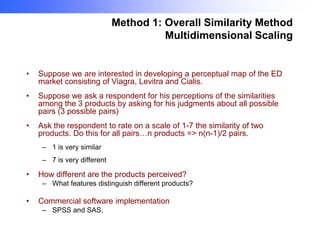 Method 1: Overall Similarity Method
Multidimensional Scaling

•

Suppose we are interested in developing a perceptual map of the ED
market consisting of Viagra, Levitra and Cialis.

•

Suppose we ask a respondent for his perceptions of the similarities
among the 3 products by asking for his judgments about all possible
pairs (3 possible pairs)

•

Ask the respondent to rate on a scale of 1-7 the similarity of two
products. Do this for all pairs…n products => n(n-1)/2 pairs.
– 1 is very similar
– 7 is very different

•

How different are the products perceived?
– What features distinguish different products?

•

Commercial software implementation
– SPSS and SAS.

 