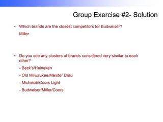 Group Exercise #2- Solution
• Which brands are the closest competitors for Budweiser?
Miller

• Do you see any clusters of brands considered very similar to each
other?
- Beck’s/Heineken
- Old Milwaukee/Meister Brau
- Michelob/Coors Light
- Budweiser/Miller/Coors

 