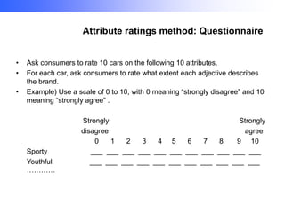 Attribute ratings method: Questionnaire
•
•
•

Ask consumers to rate 10 cars on the following 10 attributes.
For each car, ask consumers to rate what extent each adjective describes
the brand.
Example) Use a scale of 0 to 10, with 0 meaning “strongly disagree” and 10
meaning “strongly agree” .

Sporty
Youthful
…………

Strongly
Strongly
disagree
agree
0
1
2
3
4 5
6
7
8
9 10
___ ___ ___ ___ ___ ___ ___ ___ ___ ___ ___
___ ___ ___ ___ ___ ___ ___ ___ ___ ___ ___

 