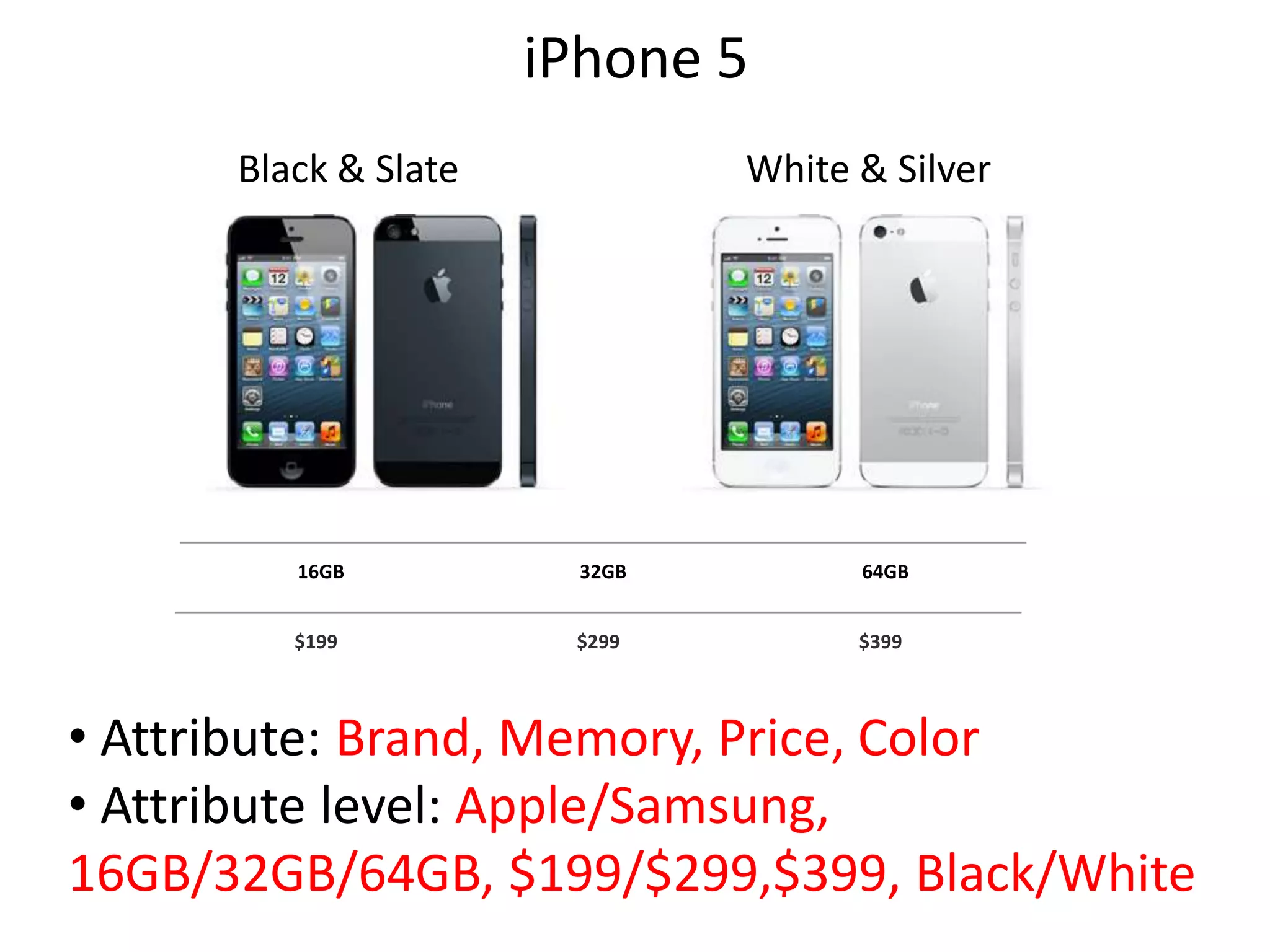 iPhone 5
Black & Slate

White & Silver

16GB

32GB

64GB

$199

$299

$399

• Attribute: Brand, Memory, Price, Color
• Attribute level: Apple/Samsung,
16GB/32GB/64GB, $199/$299,$399, Black/White

 