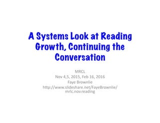 A Systems Look at Reading
Growth, Continuing the
Conversation
MRCL	
Nov	4,5,	2015,	Feb	16,	2016	
Faye	Brownlie	
h<p://www.slideshare.net/FayeBrownlie/
mrlc.nov.reading	
 