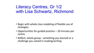 Literacy Centres, Gr 1/2
with Lisa Schwartz, Richmond
• Begin with whole class modeling of flexible use of
strategies
• Opportunities for guided practice – 10 minutes per
centre
• Reflect, whole group: something you learned or a
challenge you solved in reading/writing
 