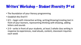 Writers’ Workshop – Student Diversity 3rd ed
• The foundation of your literacy programming
• Establish this first!!!!
• K/1 – begin with interactive writing, writing/drawing/creating text in
front of your learners, representing thinking with drawing, adding
letters and sounds
• 2-9 – write in front of your students, at least 2 whole class writing in
response to experiences, read alouds, content, classroom inquiries
each week
 
