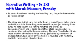 Narrative Writing – Gr 2/3
with Marnie Manners, Burnaby
• Students have been reading and retelling Lars, the polar bear stories
by Hans de Beer
• The story plot is that Lars, the polar bear, is bored/lonely in his home
at the North Pole. Something unexpected happens (an iceberg floats
away, he gets caught in a fishing net/trap and travels by
boat/plane/train) and is taken to another place (jungle/city). He
meets another animal in the new setting. The new friend takes him to
meet another animal who helps him to get home by some sort of
transportation. Lars safely arrives home, is reunited with his family
and tells them about his adventure.
 