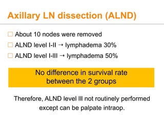 Axillary LN dissection (ALND)
 About 10 nodes were removed
 ALND level I-II  lymphadema 30%
 ALND level I-lII  lymphadema 50%
Therefore, ALND level lll not routinely performed
except can be palpate intraop.
No difference in survival rate
between the 2 groups
 