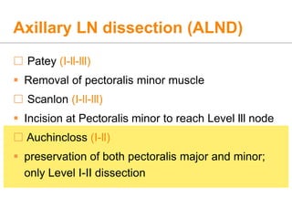 Axillary LN dissection (ALND)
 Patey (I-ll-lll)
 Removal of pectoralis minor muscle
 Scanlon (I-ll-lll)
 Incision at Pectoralis minor to reach Level lll node
 Auchincloss (I-ll)
 preservation of both pectoralis major and minor;
only Level I-II dissection
 