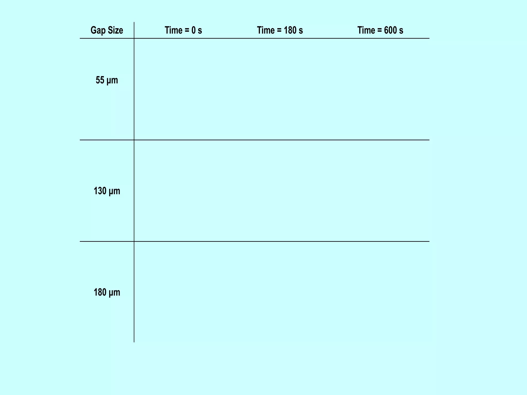 Gap Size   Time = 0 s   Time = 180 s   Time = 600 s



 55 μm




130 μm




180 μm
 