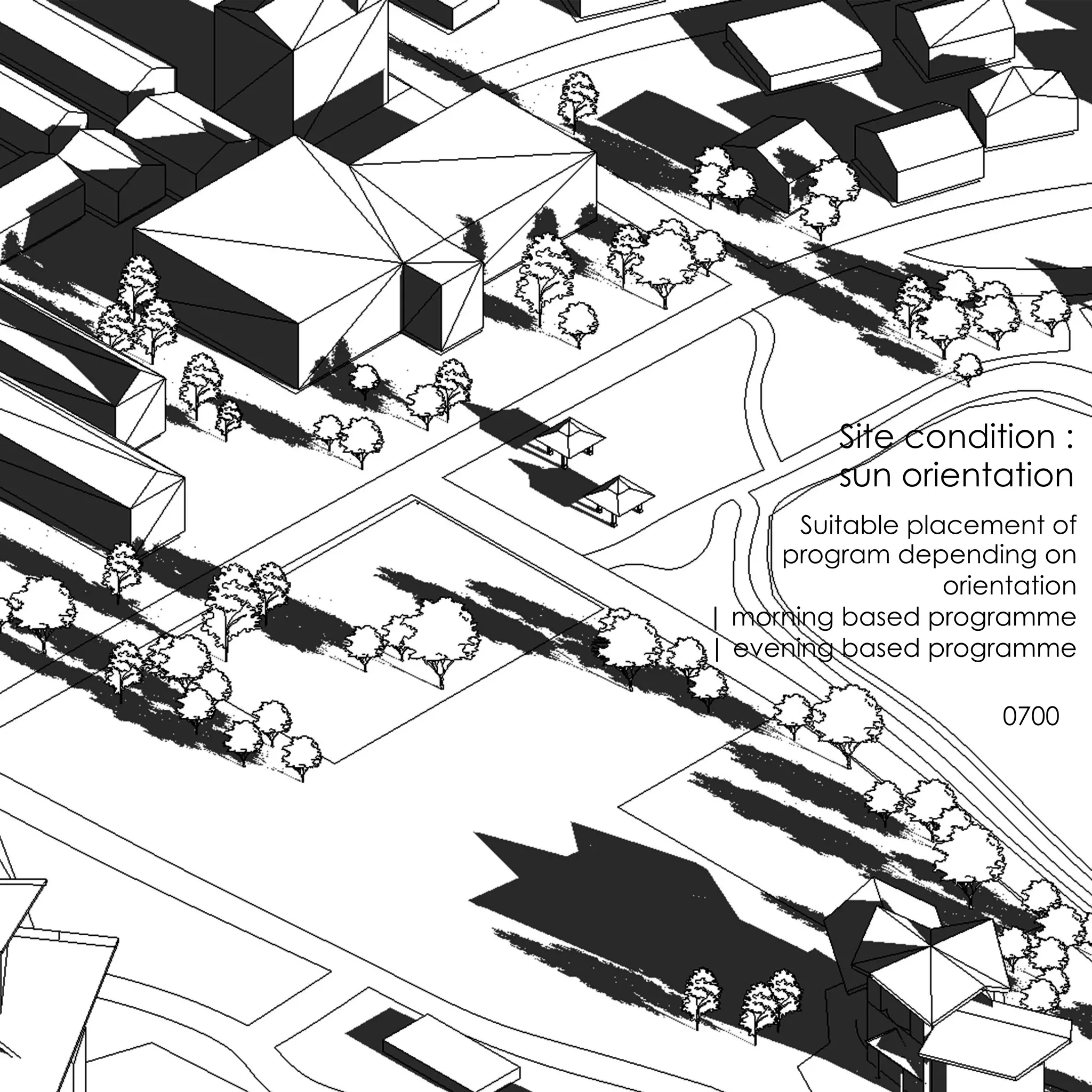 Site condition :
sun orientation
Suitable placement of
program depending on
orientation
| morning based programme
| evening based programme
0700
 
