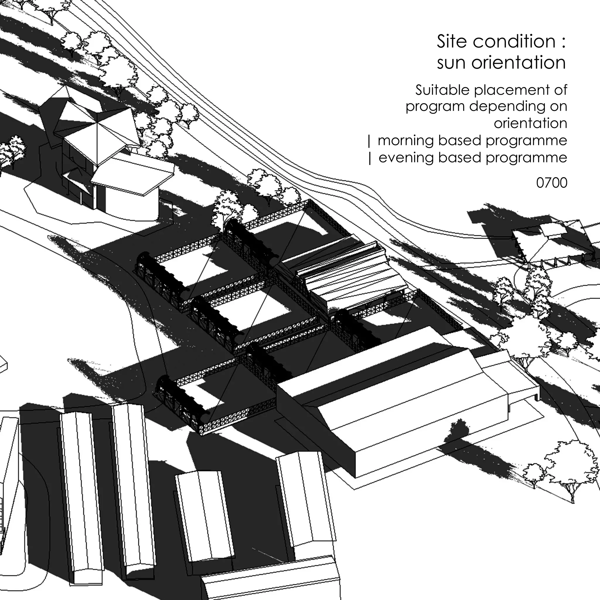 Site condition :
sun orientation
Suitable placement of
program depending on
orientation
| morning based programme
| evening based programme
0700
 