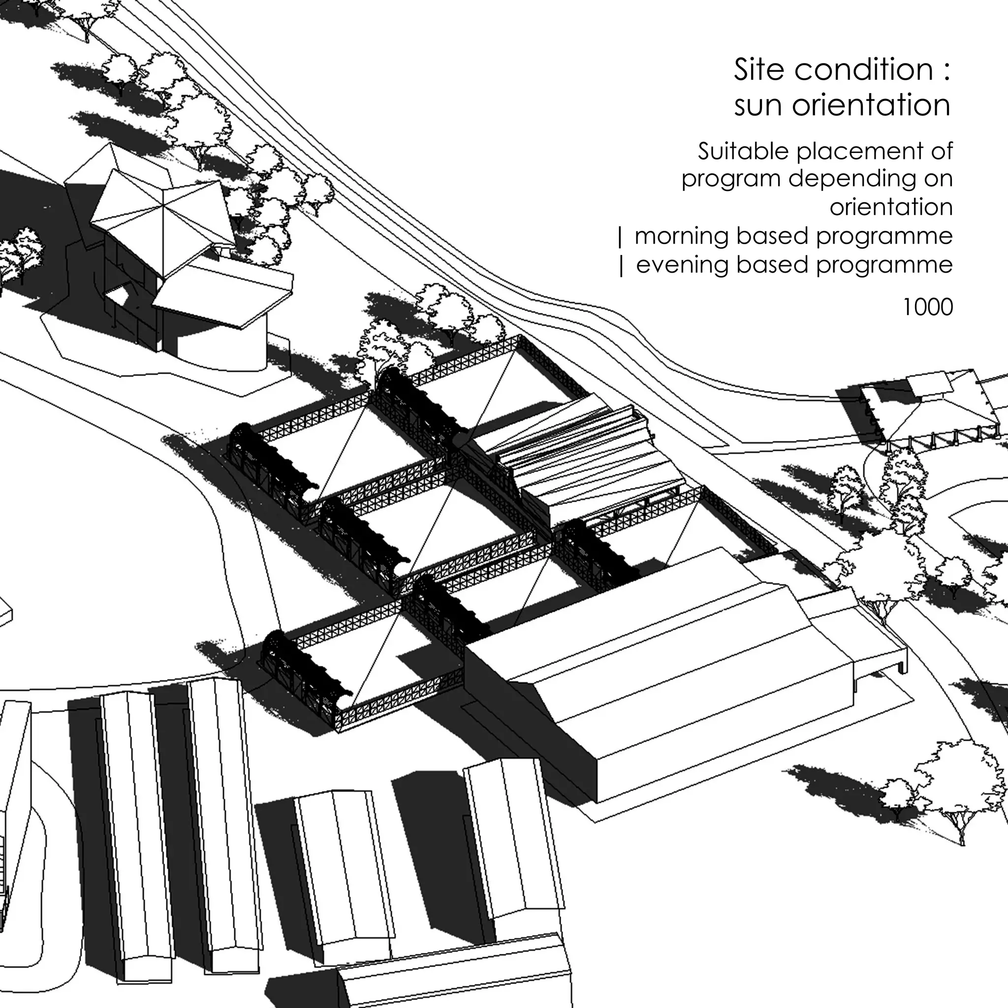 Site condition :
sun orientation
Suitable placement of
program depending on
orientation
| morning based programme
| evening based programme
1000
 