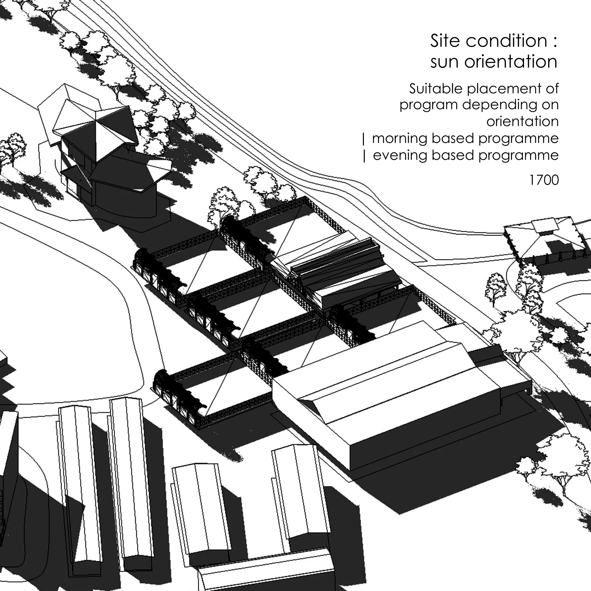 Site condition :
sun orientation
Suitable placement of
program depending on
orientation
| morning based programme
| evening based programme
1700
 