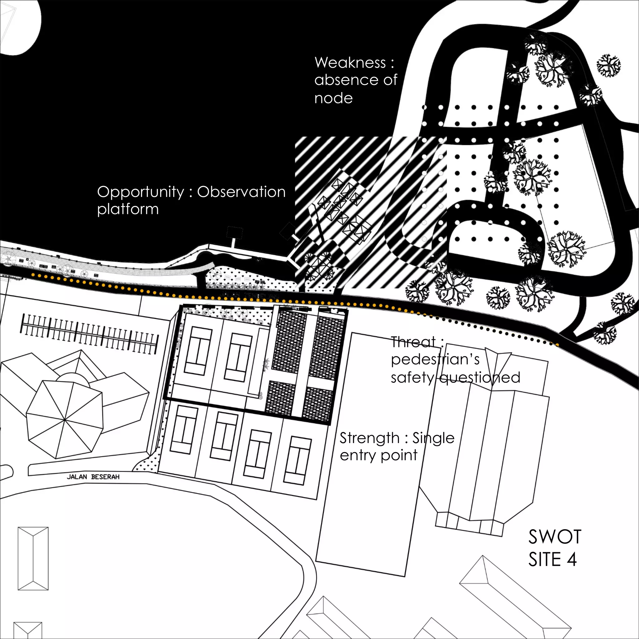 SWOT
SITE 4
Strength : Single
entry point
Opportunity : Observation
platform
Threat :
pedestrian’s
safety questioned
Weakness :
absence of
node
 