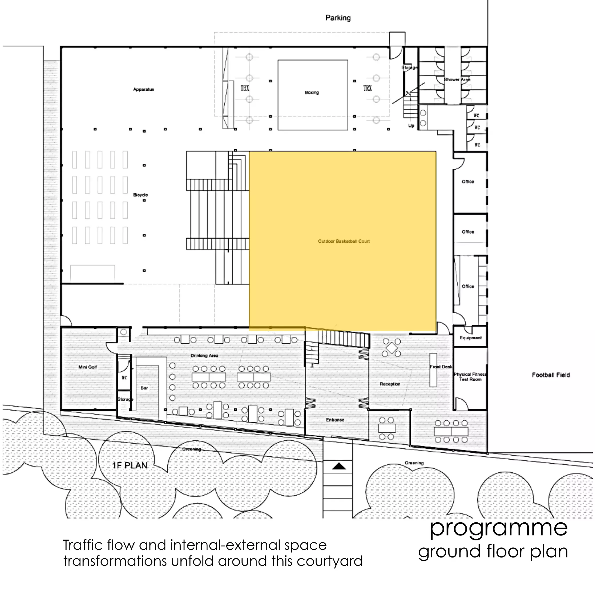 programme
ground floor planTraffic flow and internal-external space
transformations unfold around this courtyard
 