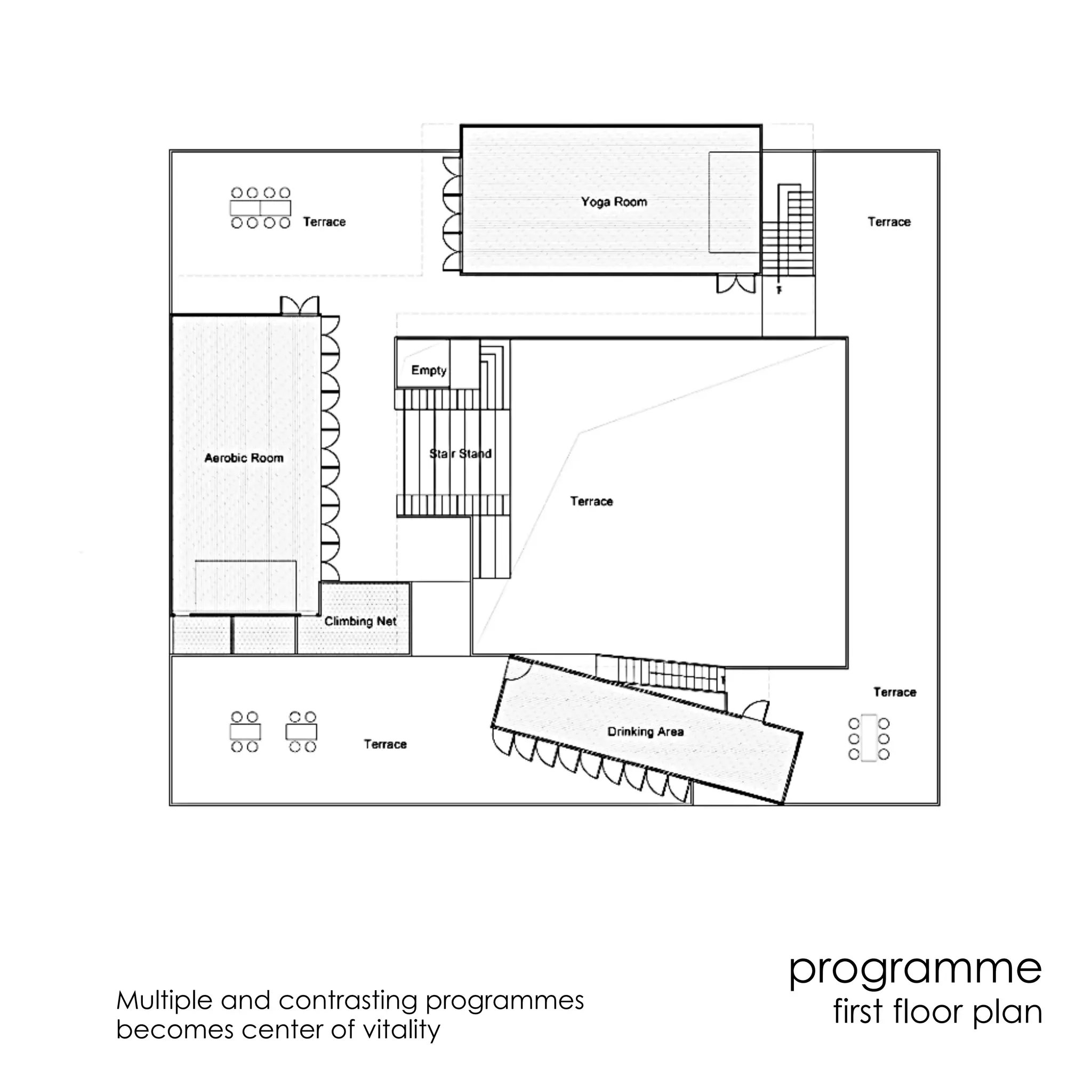 programme
first floor planMultiple and contrasting programmes
becomes center of vitality
 