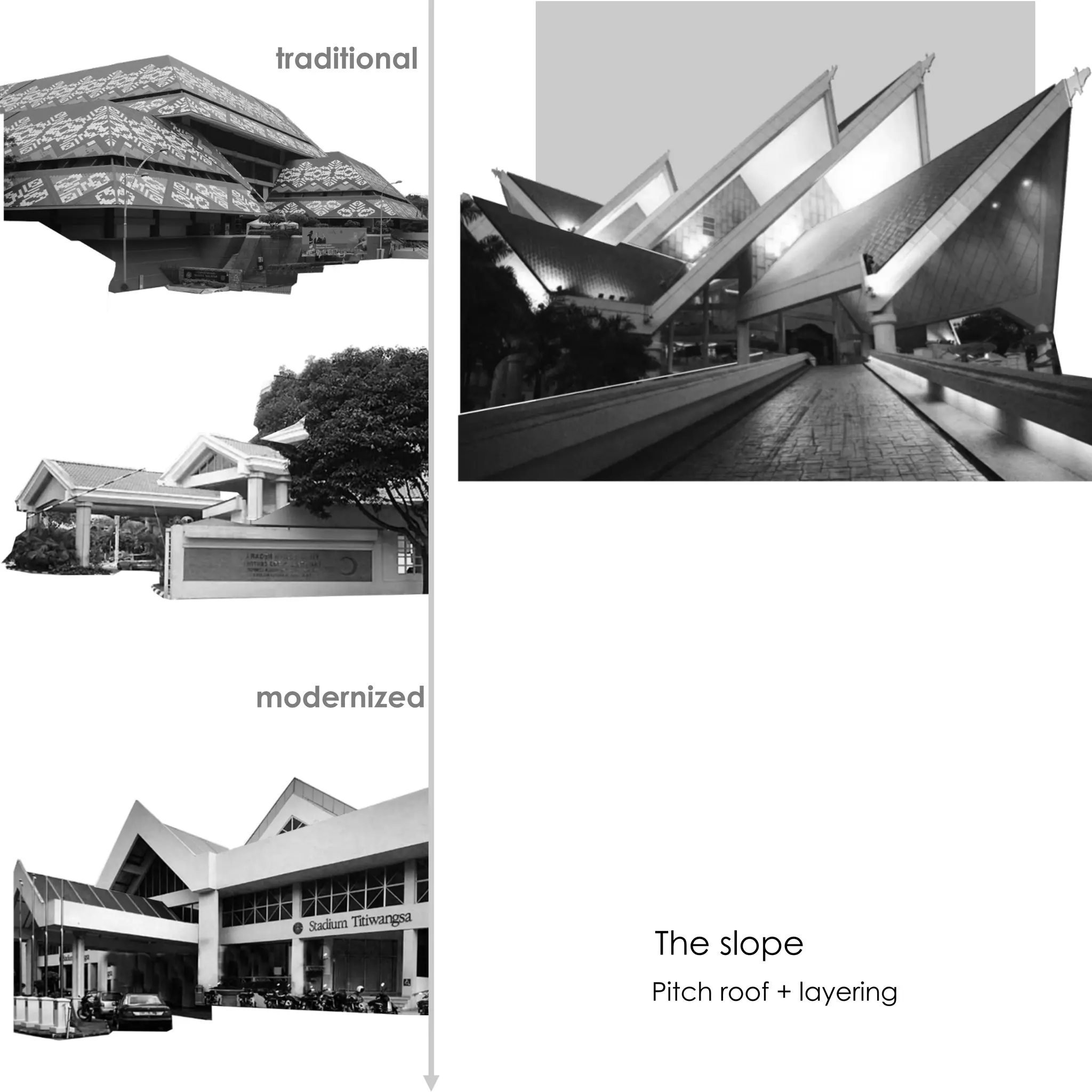 modernized
traditional
The slope
Pitch roof + layering
 