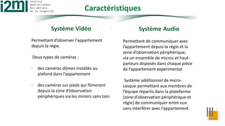 Caractéristiques
Système Vidéo
Permettant d’observer l’appartement
depuis la régie.
Deux types de caméras :
- des caméras dômes installés au
plafond dans l’appartement
- des caméras sur pieds qui filmeront
depuis la zone d’observation
périphériques via les miroirs sans tain.
Système Audio
Permettant de communiquer avec
l’appartement depuis la régie et la
zone d’observation périphérique,
via un ensemble de micros et haut-
parleurs disposés dans chaque pièce
de l’appartement expérimental.
Système additionnel de micro-
casque permettant aux membres de
l’équipe répartis dans la plateforme
(zone d’observation périphérique et
régie) de communiquer entre eux
sans interférer avec l’appartement.
.
 
