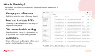 What is Mendeley?
Available for macOS, Windows, Linux and all major browsers
Mendeley is free reference management software to support researchers. It
can help you:
Manage your references
Build and organize your reference library
Read and Annotate PDFs
Expand your knowledge and see all your
insights in one place
Cite research while writing
Seamlessly and correctly cite references
as you write, and create bibliographies
Collaborate
Share references and insights with a team
and annotate together in real time.
 