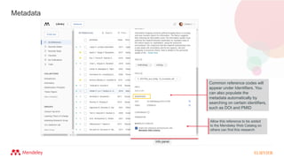 Info panel
Metadata
Common reference codes will
appear under Identifiers. You
can also populate the
metadata automatically by
searching on certain identifiers,
such as DOI and PMID
Allow this reference to be added
to the Mendeley Web Catalog so
others can find this research
 
