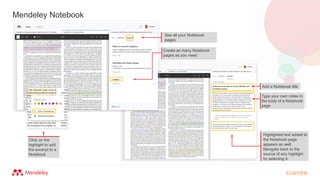 Mendeley Notebook
Click on the
highlight to add
the excerpt to a
Notebook
Type your own notes in
the body of a Notebook
page
Highlighted text added to
the Notebook page
appears as well.
Navigate back to the
source of any highlight
by selecting it.
Add a Notebook title
See all your Notebook
pages
Create as many Notebook
pages as you need
 