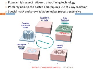 Popular high aspect ratio micromachining technology
 Primarily non-Silicon basted and requires use of x-ray radiation
 Special mask and x-ray radiation makes process expensive
10/16/2018
64
SUKESH O P/ APME/ME407- MR-2018
 