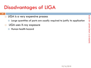 Disadvantages of LIGA
 LIGA is a very expensive process
 Large quantities of parts are usually required to justify its application
 LIGA uses X-ray exposure
 Human health hazard
10/16/2018
67
SUKESHOP/APME/ME407-MR-2018
 