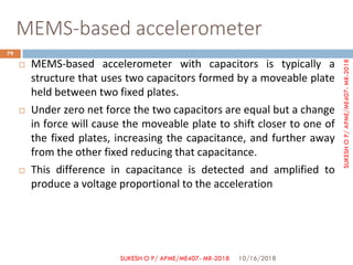 MEMS-based accelerometer
 MEMS-based accelerometer with capacitors is typically a
structure that uses two capacitors formed by a moveable plate
held between two fixed plates.
 Under zero net force the two capacitors are equal but a change
in force will cause the moveable plate to shift closer to one of
the fixed plates, increasing the capacitance, and further away
from the other fixed reducing that capacitance.
 This difference in capacitance is detected and amplified to
produce a voltage proportional to the acceleration
10/16/2018
79
SUKESH O P/ APME/ME407- MR-2018
SUKESHOP/APME/ME407-MR-2018
 