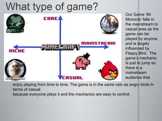 Our Game ‘Mr
Monocle’ falls in
the mainstream to
casual area as the
game can be
played by anyone,
and is largely
influenced by
Flappy Bird. The
game’s mechanic
is just to jump so
there is a
mainstream
audience that
enjoy playing from time to time. The game is in the same vein as angry birds In
terms of casual
because everyone plays it and the mechanics are easy to control.
 