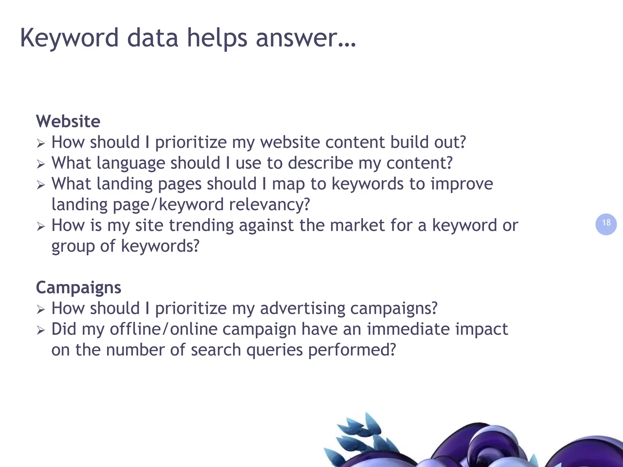 Understanding the language consumers use can be applied to: Offline messagingTelevision campaignsDisplay advertisementsUser experience—navigationOn-site search applicationsAnywhere language is used to connect with consumersThe effort of keyword research helps us create a more intuitive, relational environment online and offlineWhere do we start?11