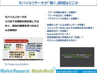 モバイルリサーチが「輝く」領域はどこか
*図：Paddy Corr氏発表より
・「データ収集の速さ」の価値？
・「リーチの広さ」の価値？
・「アウトプットの速さ」の価値？
・各種センサーによる新しいデータ収集？
・コミュニティをはじめとする参加の仕方の変革？
・継続的なデータ収集？
・Passiveなアプローチ？
・参加意識の高い対象者との「共創」？
・そういった範疇を超えたもの？
モバイルリサーチが
これまでの調査の焼き直しでは
なく、独自の価値を持つのはど
んな領域か
他の方法でアクセ
スできない場所や
シチュエーション
小さいは
美しい
自動化し
やすい
時間のかけらをあ
つめて生活者イン
サイトを取れる
シンプ
ルに保
つ
 