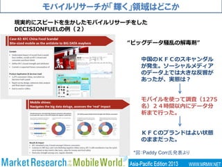 モバイルリサーチが「輝く」領域はどこか
現実的にスピードを生かしたモバイルリサーチをした
DECISIONFUELの例（２）
“ビッグデータ騒乱の解毒剤”
中国のＫＦＣのスキャンダル
が発生。ソーシャルメディア
のデータ上では大きな反響が
あったが、実態は？
モバイルを使って調査（1275
名）２４時間以内にデータ分
析まで行った。
ＫＦＣのブランドはよい状態
のままだった。
*図：Paddy Corr氏発表より
 