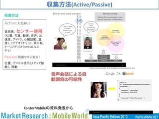 収集方法(Active/Passive)
Active（入力あり）
質問票、センサー使用
（位置、写真、動画、音声、加
速度、アイトラ、心臓鼓動、温
度）、（ビデオ）チャット、掲示板、
メーリングリスト（smsコミュニ
ティ）
Passive（邪魔せずに取る）
位置、デバイス使用（メディア接
触）、移動
収集方法
KanterMobileの資料発表から
音声会話による自
動調査の可能性
 