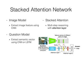 Stacked Attention Network
- Image Model
• Extract image feature using
CNN
- Question Model
• Extract semantic vector
using CNN or LSTM
- Stacked Attention
• Multi-step reasoning
with attention layer
Stacked Attention
Multi-step reasoning
using attention layer
 