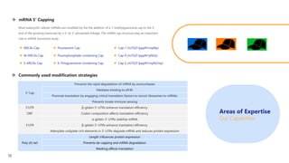  mRNA 5' Capping
 ARCAs Cap
 M-ARCAs Cap
 S-ARCAs Cap
 Fluorescent Cap
 Fluorophosphate-containing Cap
 6-Thioguanosine-containing Cap
Most eukaryotic cellular mRNAs are modified by the the addition of a 7-methylguanosine cap to the 5′
end of the growing transcript by a 5′-to-5′ phosphate linkage. The mRNA cap structure play an important
role in mRNA functional study.
 Cap-1 (m7G(5')pppN1mpNp)
 Cap-0 (m7G(5')pppN1pN2p)
 Cap-2 (m7G(5')pppN1mpN2mp)
5' Cap
Prevents the rapid degradation of mRNA by exonucleases
Mediates binding to eIF4E
Promote translation by engaging critical translation factors to recruit ribosomes to mRNAs
Prevents innate immune sensing
5'UTR β-globin 5'-UTRs enhance translation efficiency
ORF Codon composition affects translation efficiency
3'UTR
α-globin 3'-UTRs stabilize mRNA
β-globin 3'-UTRs enhance translation efficiency
Adenylate-uridylate-rich elements in 3'-UTRs degrade mRNA and reduces protein expression
Poly (A) tail
Length influences protein expression
Prevents de-capping and mRNA degradation
Masking affects translation
 Commonly used modification strategies
Areas of Expertise
Our Capabilities
12
 