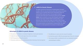  mRNA for Genetic Diseases
The mRNA is the key link in the process of translating genetic information
encoded in DNA into instructions that are used by cells to produce the proteins
needed to carry out essential cellular functions. Most genetic diseases are
caused by DNA mutation and result in the transcription of defective
instructions which further lead to the abnormal protein production. Creative
biolabs is able to provide the one-stop mRNA therapeutics development
service for various types of genetic diseases caused by protein or gene
dysfunction. We can help our clients design and synthetic mRNA encoding
natural, functional proteins that replace defective or missing proteins. Through
the successful production and administration of desired proteins, the mRNA
therapeutics is broadly applicable for the treatment of multiple diseases.
Advantages of mRNA for genetic diseases:
 No potential risk of infection or insertional mutagenesis to restores gene expression
 Enables the treatment of a wide range of rare and non-rare diseases
 Half-life adjustable and drug-like properties
 The protein synthesis can be controlled directly without intervening in the human genome
 The mRNA does not need to enter the nucleus for translation
 By introducing a specific mRNA, the physiological state of the cell is not altered
 The introduced mRNA is translated by the cell’s own translational machinery
under physiological conditions.
37
 
