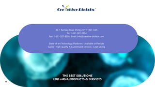 THE BEST SOLUTIONS
FOR mRNA PRODUCTS & SERVICES
45-1 Ramsey Road Shirley, NY 11967, USA
Tel: 1-631-381-2994
Fax: 1-631-207-8356 Email: info@creative-biolabs.com
State-of-art Technology Platforms ·Available in Flexible
Scales ·High-quality & Customized Services ·Cost-saving
44
 