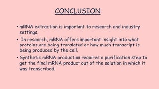CONCLUSION
• mRNA extraction is important to research and industry
settings.
• In research, mRNA offers important insight into what
proteins are being translated or how much transcript is
being produced by the cell.
• Synthetic mRNA production requires a purification step to
get the final mRNA product out of the solution in which it
was transcribed.
 