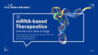 mRNA-based
Therapeutics
Overview of a class of drugs
Address: SUITE 203, 17 Ramsey Road, Shirley, NY 11967, USA
Email: info@creative-biolabs.com
Web: www.creative-biolabs.com
CREATIVE
BIOLABS
 