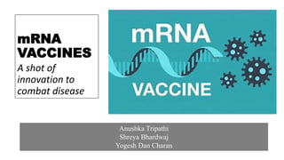 mRNA
VACCINES
A shot of
innovation to
combat disease
Anushka Tripathi
Shreya Bhardwaj
Yogesh Dan Charan
 