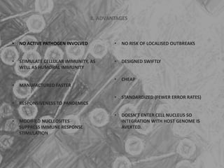 8. ADVANTAGES
• NO ACTIVE PATHOGEN INVOLVED
• STIMULATE CELLULAR IMMUNITY, AS
WELL AS HUMORAL IMMUNITY
• MANUFACTURED FASTER
• RESPONSIVENESS TO PANDEMICS
• MODIFIED NUCLEOSITES
SUPPRESS IMMUNE RESPONSE
STIMULATION
• NO RISK OF LOCALISED OUTBREAKS
• DESIGNED SWIFTLY
• CHEAP
• STANDARDIZED (FEWER ERROR RATES)
• DOESN’T ENTER CELL NUCLEUS SO
INTEGRATION WITH HOST GENOME IS
AVERTED.
 