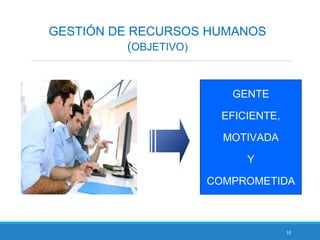 10
GESTIÓN DE RECURSOS HUMANOS
(OBJETIVO)
GENTE
EFICIENTE,
MOTIVADA
Y
COMPROMETIDA
 