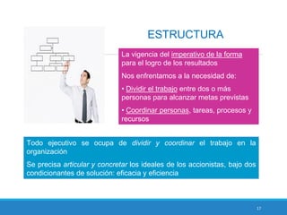 17
ESTRUCTURA
La vigencia del imperativo de la forma
para el logro de los resultados
Nos enfrentamos a la necesidad de:
• Dividir el trabajo entre dos o más
personas para alcanzar metas previstas
• Coordinar personas, tareas, procesos y
recursos
Todo ejecutivo se ocupa de dividir y coordinar el trabajo en la
organización
Se precisa articular y concretar los ideales de los accionistas, bajo dos
condicionantes de solución: eficacia y eficiencia
 