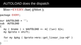 AUTOLOAD does the dispatch
$foo->EVERY::bar( @blort );
package EVERY;
our $AUTOLOAD = ‘’;
sub AUTOLOAD
{
my ( $name ) = $AUTOLOAD =~ m{ (w+) $}x;
my $proto = shift;
for my $pkg ( $proto->mro::get_linear_isa->@* )
...
}
 