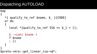 map
{
*{ qualify_to_ref $name, $_ }{CODE}
or do
{
local *{qualify_to_ref ISA => $_} = [];
$_->can( $name )
? $name
: ()
}
}
$proto->mro::get_linear_isa->@*;
Dispatching AUTOLOAD
 