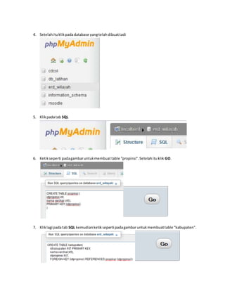 4. Setelah itu klik pada database yang telah dibuat tadi 
5. Klik pada tab SQL 
6. Ketik seperti pada gambar untuk membuat table “propinsi”. Setelah itu klik GO. 
7. Klik lagi pada tab SQL kemudian ketik seperti pada gambar untuk membuat table “kabupaten”. 
 